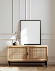 Minimalist interior with a blank frame on a rattan cabinet, bathed in sunlight.