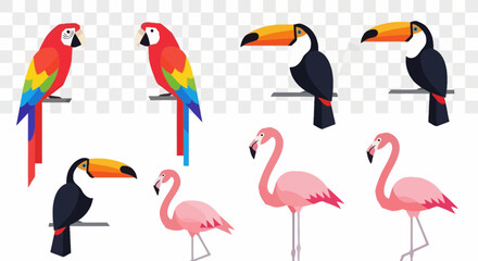 Fototapeta premium Collection of colorful tropical birds in flat vector style isolated on transparency background