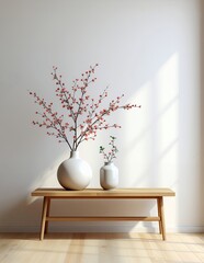 Minimalist Interior with Cherry Blossom Branches in Vases on Wooden Bench.
