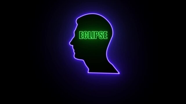 Silhouette of a male head profile with the word ECLIPSE in neon green inside the head and a neon purple outline against a black background