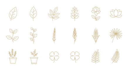 Elegant and simplistic floral and plant icon set in a delicate gold color scheme
