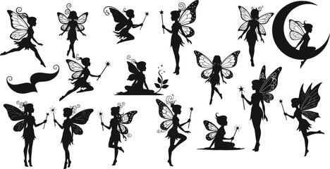 Fairy silhouette collection, magical fantasy poses, enchanted winged figures, whimsical vector illustration for storytelling, decoration, mystical themes, children’s art, and design