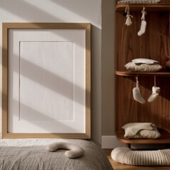 Minimalist interior with empty wooden frame and cozy home decor.
