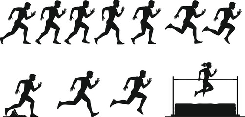 Running and jumping silhouette set, athletic motion sequence, sports vector illustration, black human figure clipart, dynamic movement design, isolated track action
