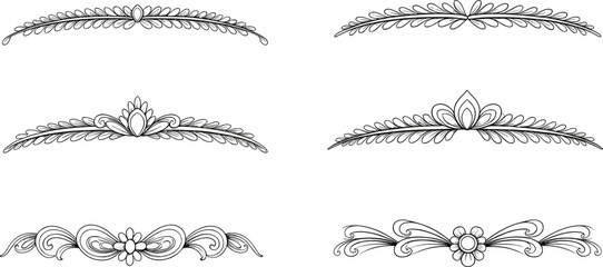 Ornamental floral divider set, decorative vintage embellishments, elegant vector elements, symmetrical scroll motifs, black and white design, classic graphic accents, isolated clipart