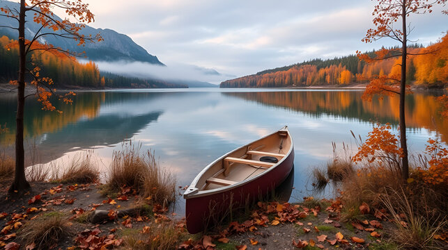Serene Lakeside Canoe in Autumn Landscape