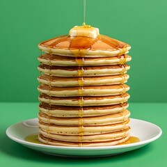 A tall stack of golden-brown pancakes drizzled with syrup and topped with a pat of butter on a white plate against a vibrant green background