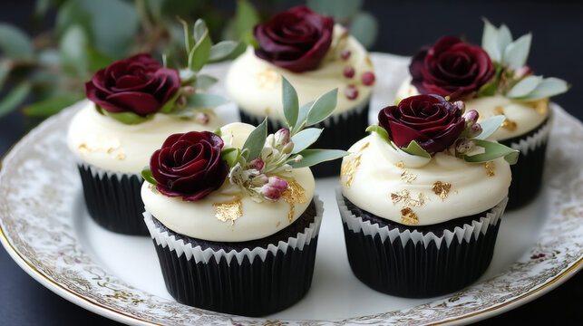 Christmas cupcakes with white frosting decorated with red rose flowers and green leaves on elegant plate festive and joyful