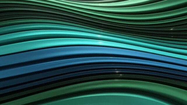 Abstract background featuring curving, parallel lines in shades of blue, green and black. The smooth, flowing design creates a sense of movement and depth. The metallic sheen on the surface gives it a