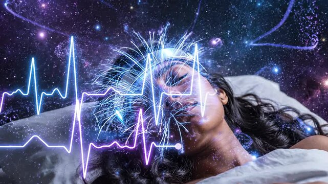 Woman Wearing Headset Experiencing Virtual Dreamscape Visualization