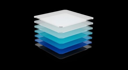 Abstract stacked translucent squares with blue gradients on black background