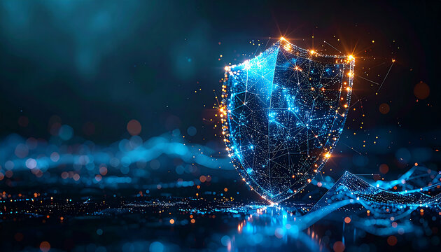 Cybersecurity Shield: A digital shield of interconnected dots and lines, glowing with a vibrant hue, represents the protective and complex nature of cybersecurity, guarding the flow of information.