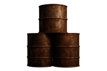 Stacked rusty metal barrels holding hazardous materials, representing industrial waste, pollution, and discarded oil containers