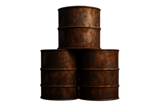 Stacked rusty metal barrels holding hazardous materials, representing industrial waste, pollution, and discarded oil containers