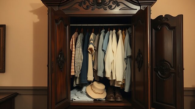 armoire. Antique armoire with carved doors ajar, revealing organized clothing inside. lifestyle magazines, social media lookbooks, designed for influencer and brand collaborations.