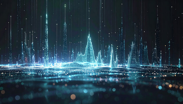 Data Symphony: A visualization of a digital landscape unfolds, showcasing intricate networks and connections in a display of modern technology. 