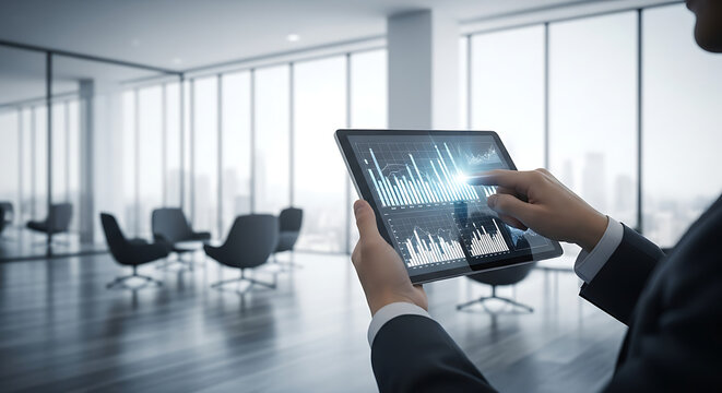 A person in a suit analyzing financial data on a digital tablet in a modern office environment. - Powered by Adobe