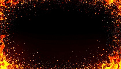 A fiery frame of swirling orange and yellow flames surrounds a dark center, dotted with embers