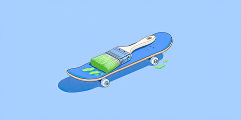 Blue skateboard with paintbrush and green paint