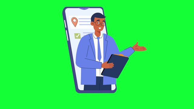 Professional consultant providing expert advice online through video conferencing on a mobile device for business solutions and modern technology