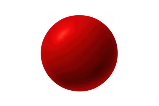 Red glossy 3d sphere object with light reflections, casting a subtle shadow, presented on a transparent background