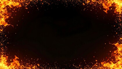A fiery, glowing border of flames and embers encloses a dark, central space