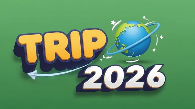 Animated 'Trip 2026' text with a spinning globe on a green background. Ideal for travel vlogs