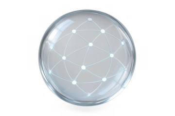 Glass sphere enclosing a glowing global network, symbolizing communication, technology, and worldwide connection
