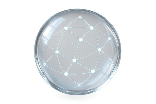 Glass sphere enclosing a glowing global network, symbolizing communication, technology, and worldwide connection