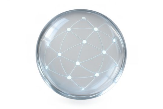Glass sphere enclosing a glowing global network, symbolizing communication, technology, and worldwide connection