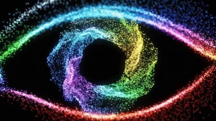 Abstract visualization on black backdrop of colorful, dynamic, swirling light particles forming an eye-like shape. The vibrant rainbow spectrum, ranging from red and orange to green, blue, and violet, - Powered by Adobe