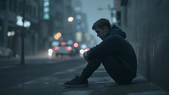 A Sad Young Man Sitting on the Sidewalk in the Rain at Night City Street