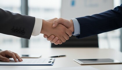 Businessmen shaking hands in a professional office setting, symbolizing agreement and partnership.
