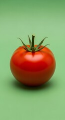 A fresh, ripe tomato with a vibrant red color and green stem placed on a light green background for fresh produce or healthy food themes