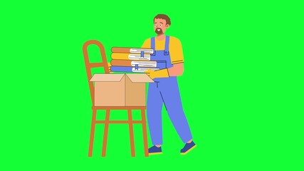 Animated worker packing books into a box on green screen, perfect for educational content or moving services advertisements