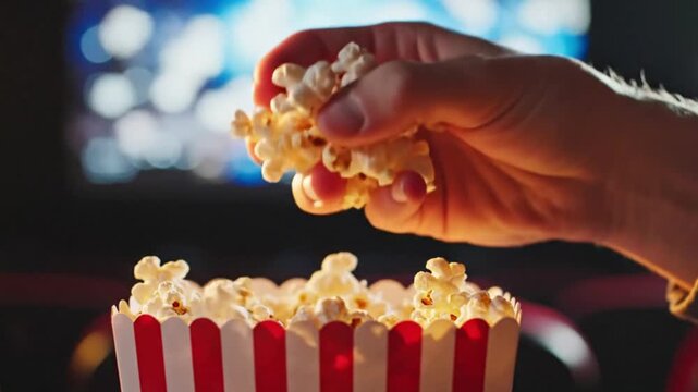 Movie night action popcorn snacking at home cozy atmosphere close-up view culinary delight
