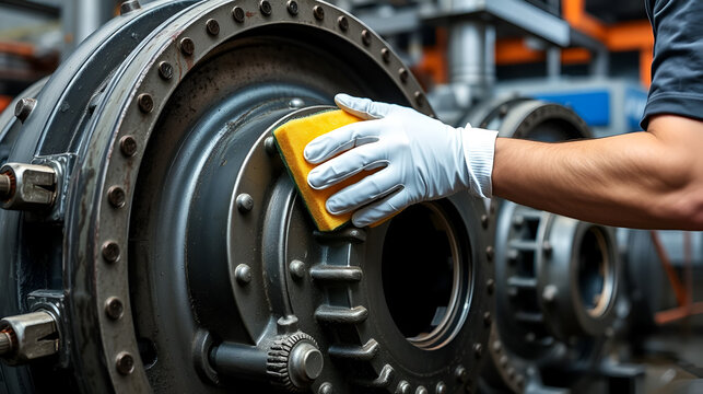 A worker wearing protective gloves cleans a large metal gear with a yellow sponge in an industrial setting.