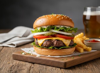 Delicious gourmet cheeseburger with fries and beer on a rustic wooden table.
