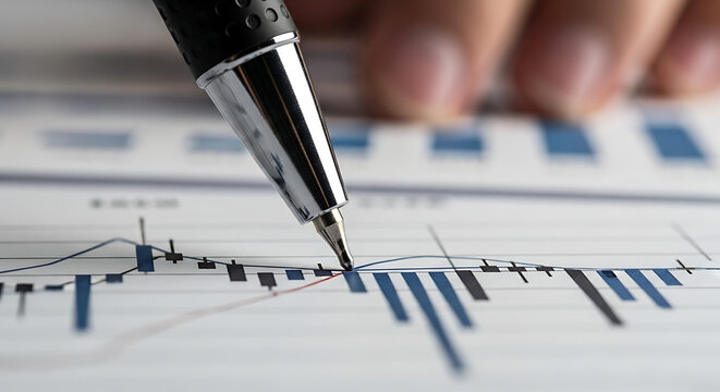A close-up shot of a pen pointing at a detailed financial chart with various data points and graphs for business analysis.