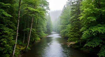 River flowing through a dense green forest with lush trees and misty atmosphere