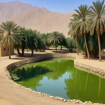 View of an oasis with typical falaj irrigation system in the Misfat al abriyeen village in Oman.