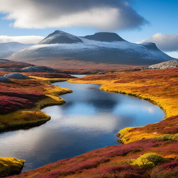 Autumn in Rondane National Park glorifies the Hogronden, Midtronden, and Digerronden mountains, offering picturesque views of Doralen and Doralseter in Norway, Europe