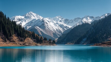 Breathtaking view of the lake in Tianshan Mountain near Kanas Lake, surrounded by snow-capped peaks and pine forests. The turquoise waters reflect the stunning natural landscape.