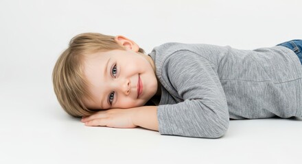 A sweet and innocent young white boy with bright eyes and a slight smile posing on a perfectly clean, bright white studio background ,boy model ,studio shot ,white background