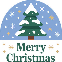 Flat Merry Christmas Tree Illustration with Snowy Holiday Background.