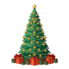 Towering Symmetrical Christmas Tree Adorned with Warm Lights and Gold Ornaments.