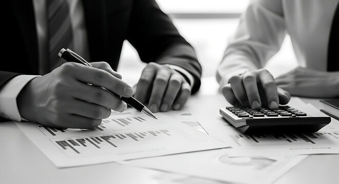 Two business professionals reviewing financial documents and using a calculator in an office setting, highlighting collaboration and analysis.