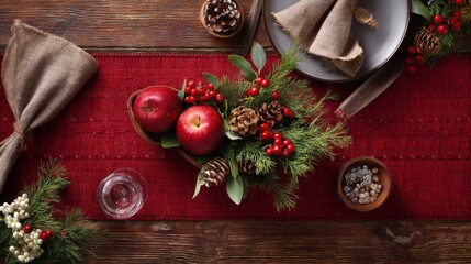 Festive Table Setting with Apples and Natural Christmas Decor