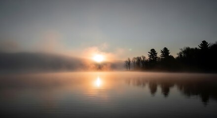 Sunrise over misty lake with trees reflected in the still water