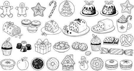 Hand-Drawn Christmas  Winter Holiday Food Set. Festive Desserts, Sweets, Decorations: Gingerbread, Candy Cane, Cake, Cupcake, Macarons, Gift Box, Pretzel, Pies, Snowman.